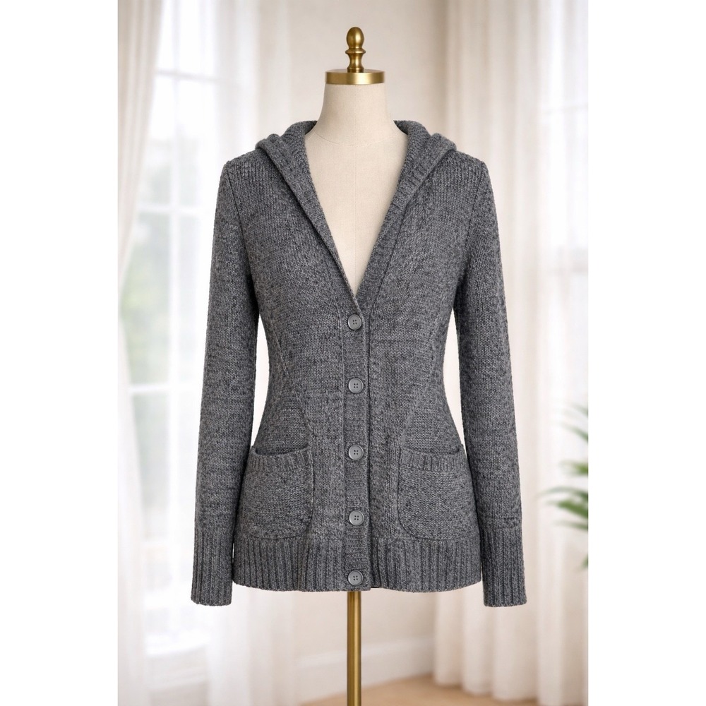 EXPRESS‎ Y2K Gray Cardigan Sweater Hooded Wool Alpacha Blend Cable Knit Size M